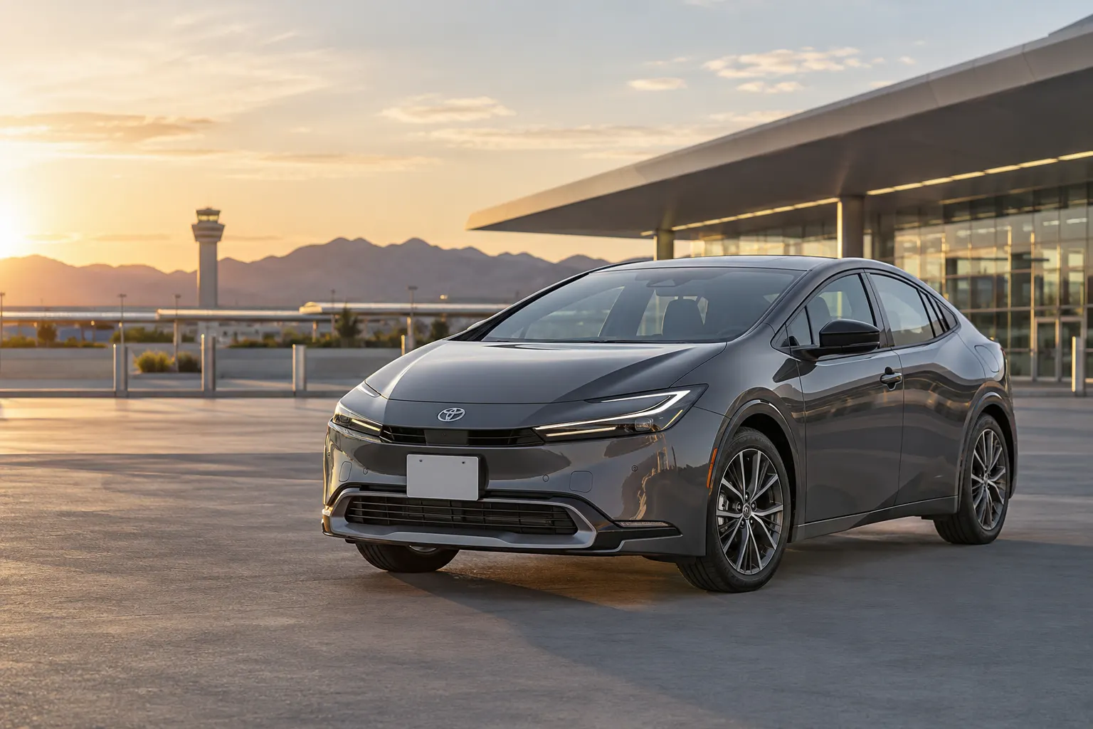 Gray 2026–2027 Toyota Prius Hybrid Sedan at an airport terminal at golden hour with the control tower and mountains behind