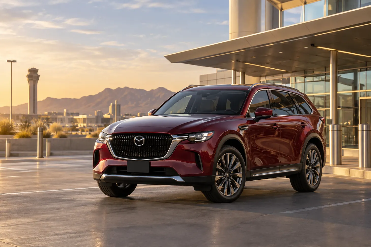 Red 2026–2027 Mazda CX-90 Midsize SUV at an airport terminal at golden hour