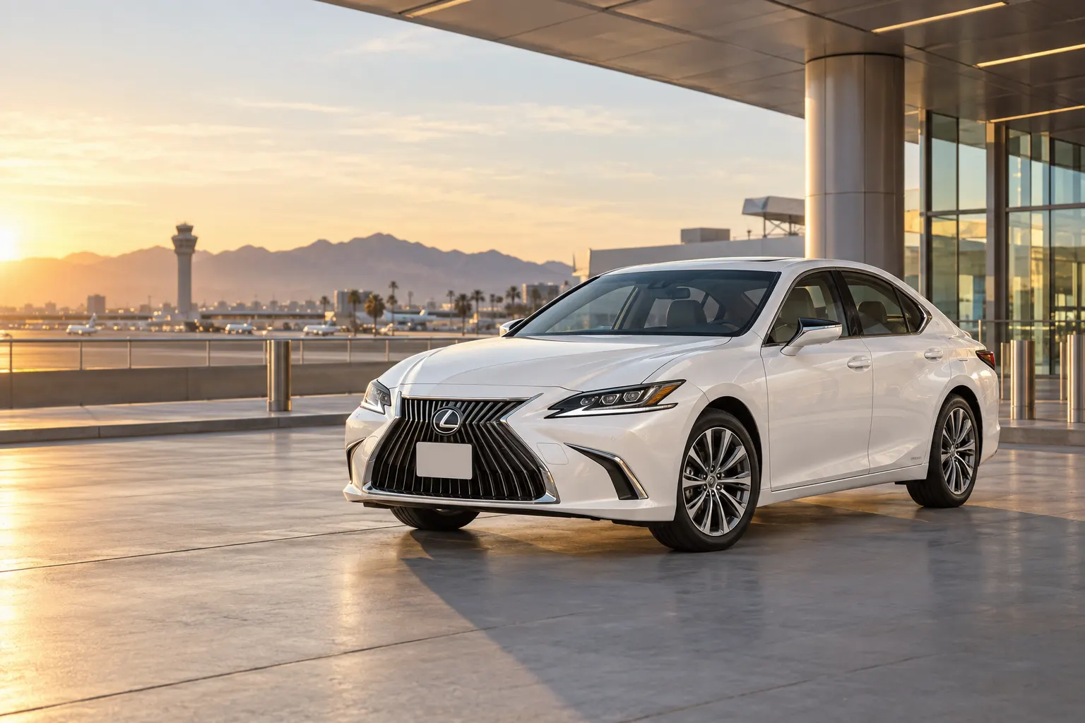 White 2026–2027 Lexus ES Luxury Sedan at an airport terminal at golden hour