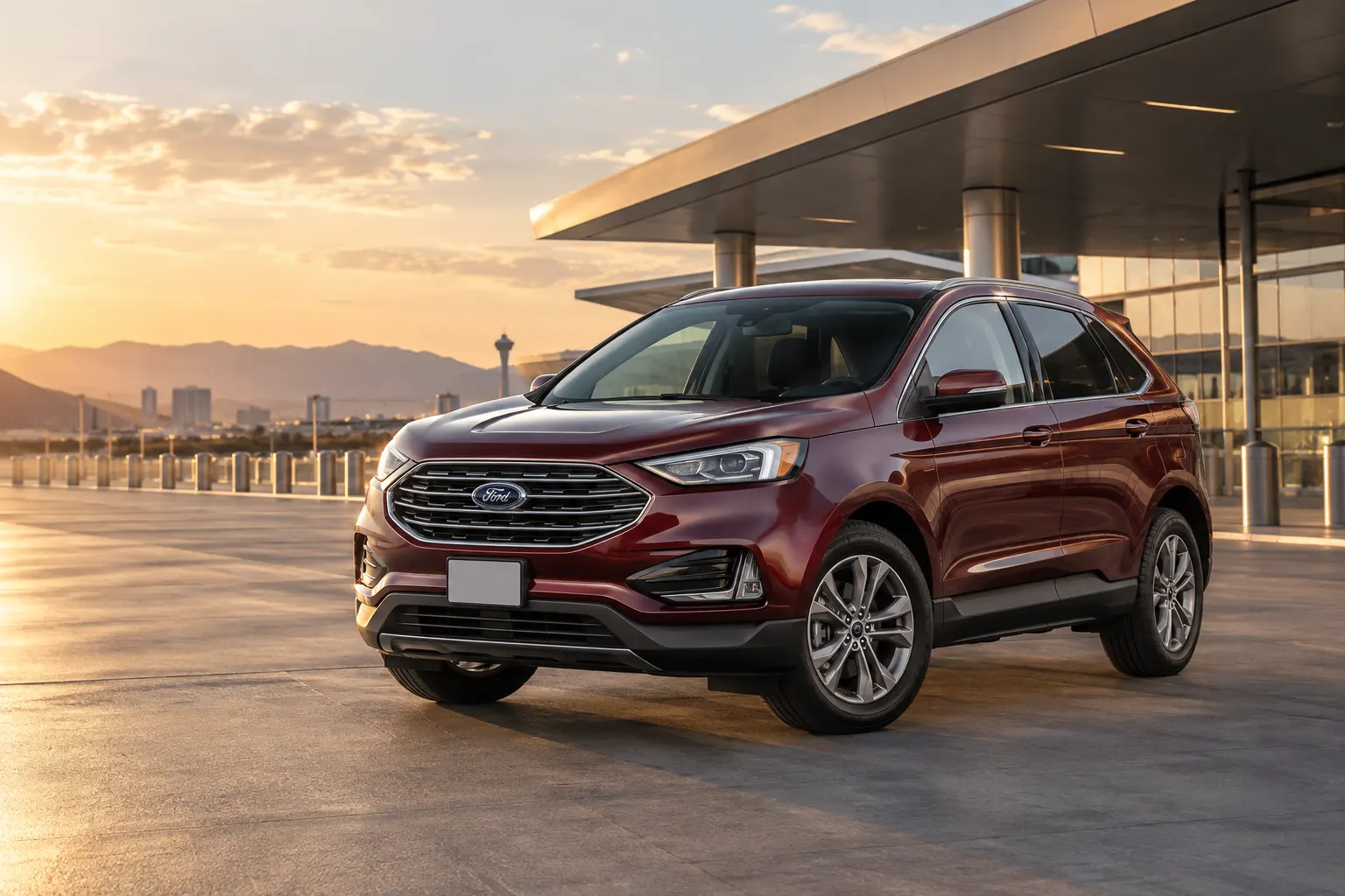Red 2026–2027 Ford Edge Standard SUV outside an airport terminal at golden hour