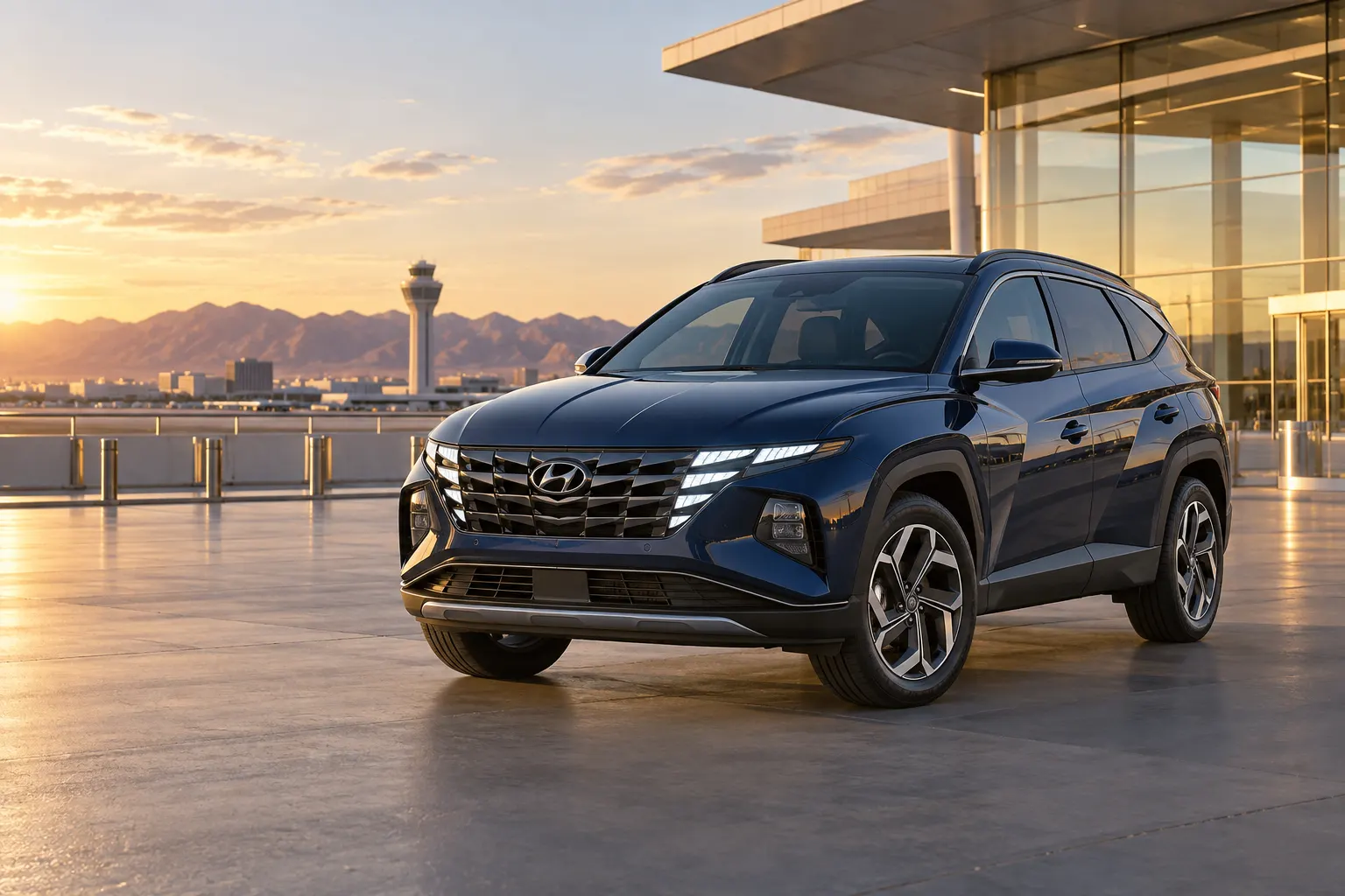 Blue 2026–2027 Hyundai Tucson Compact SUV at an airport terminal at golden hour