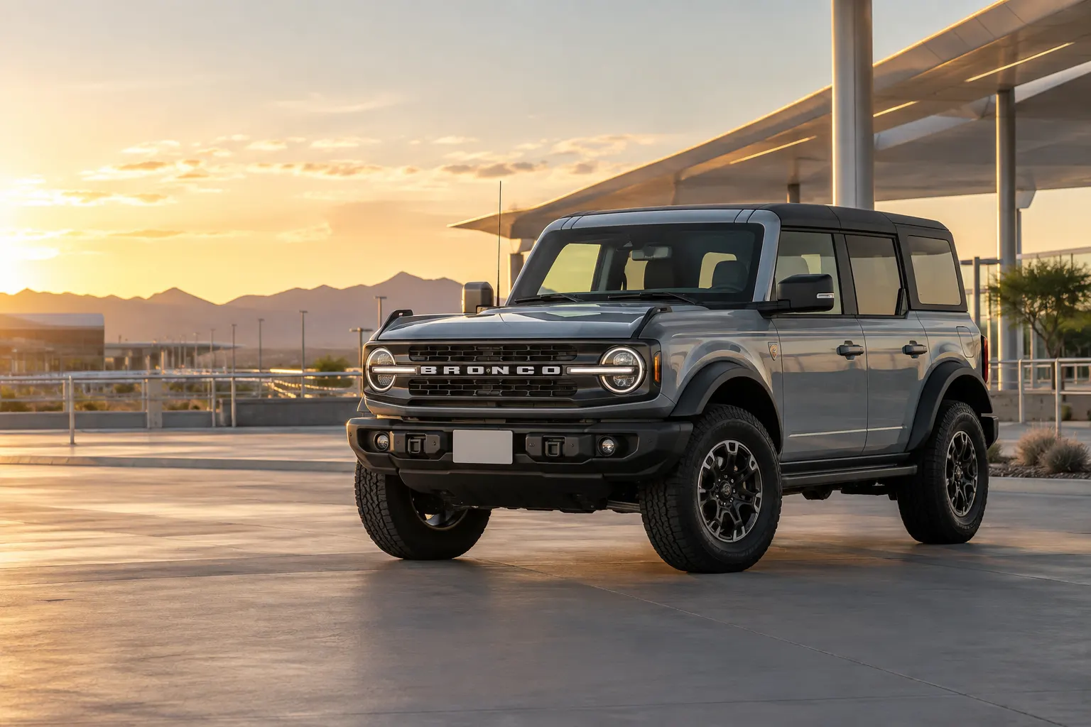 Grey 2026–2027 Ford Bronco Mid Size SUV at an airport rental center at golden hour