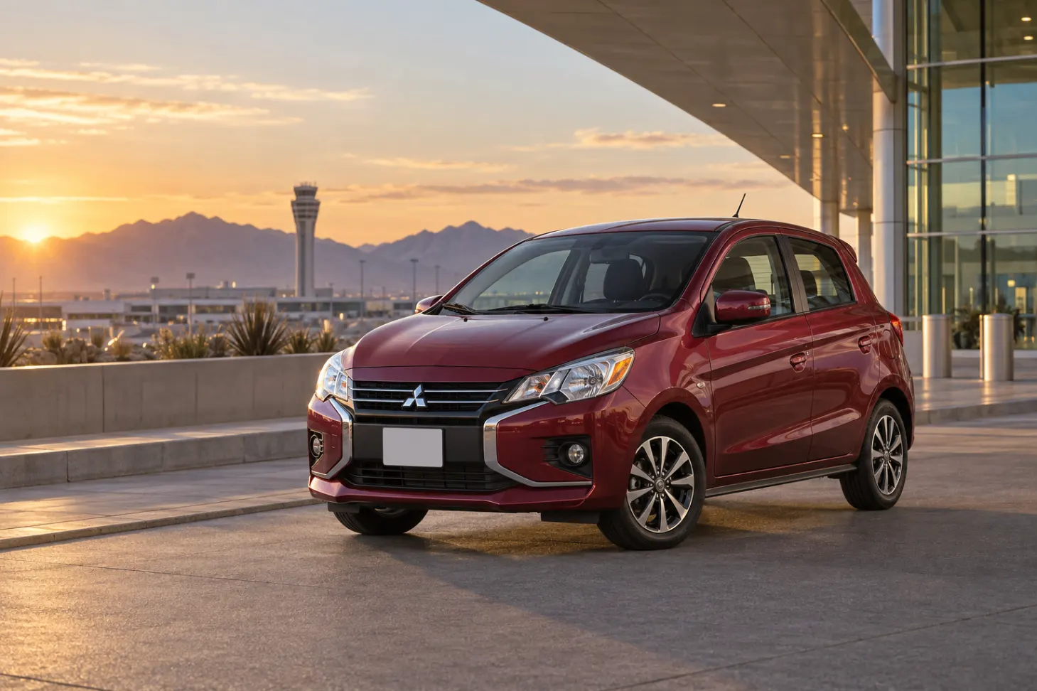 Red 2026–2027 Mitsubishi Mirage Economy Car at an airport terminal at golden hour