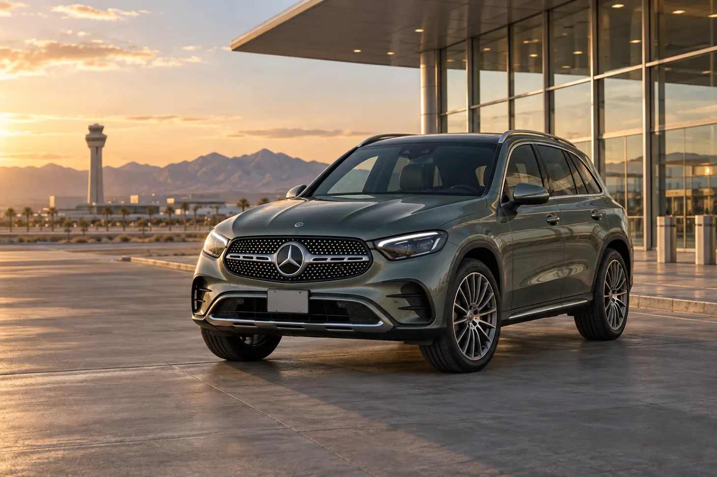 Green 2026–2027 Mercedes-Benz GLC Luxury SUV at an airport terminal at golden hour
