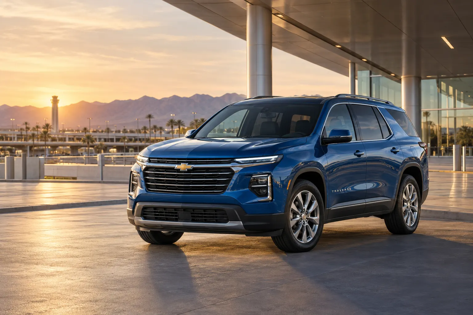 Blue 2026–2027 Chevrolet Traverse Premium Crossover SUV at an airport rental center at golden hour