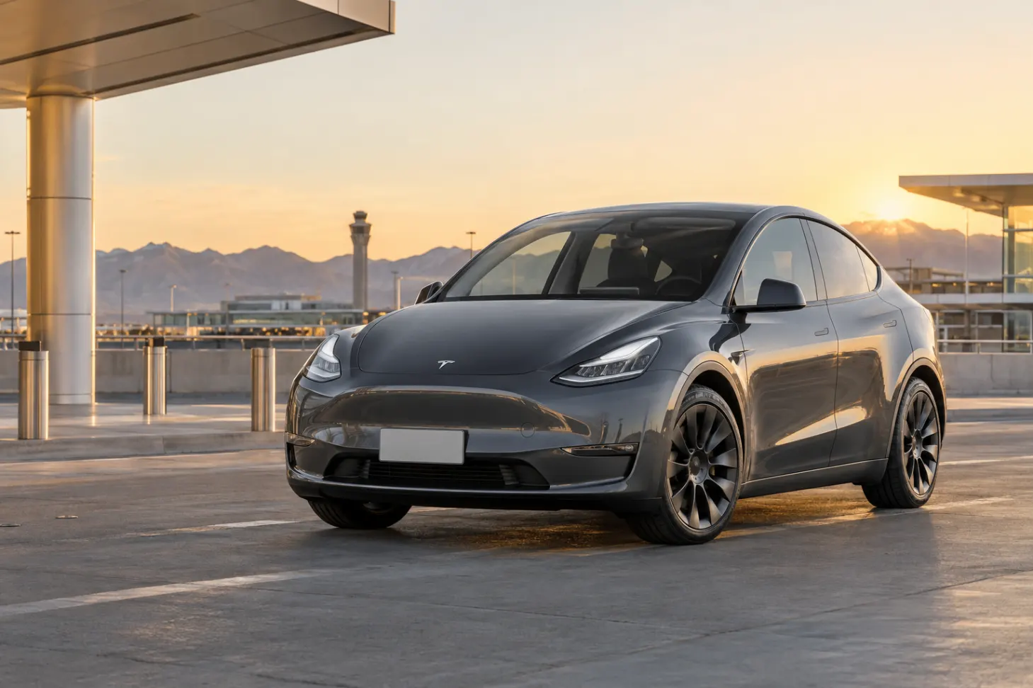 Gray 2026–2027 Tesla Model Y Electric SUV at an airport pickup area at sunset with the control tower and mountains behind