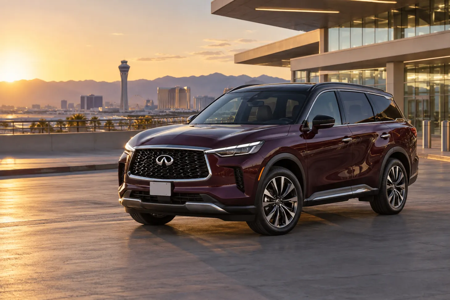 Burgundy 2026–2027 Infiniti QX60 Premium Crossover SUV at an airport terminal at golden hour