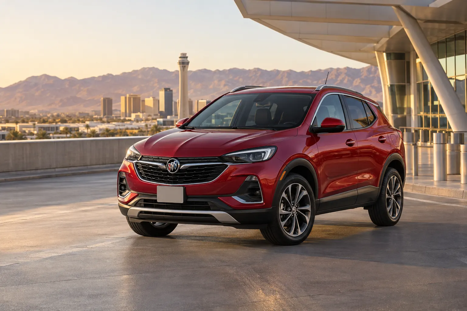 Red 2026–2027 Buick Encore Mid Size SUV at an airport rental pickup area at sunset with the control tower, city skyline and mountains behind