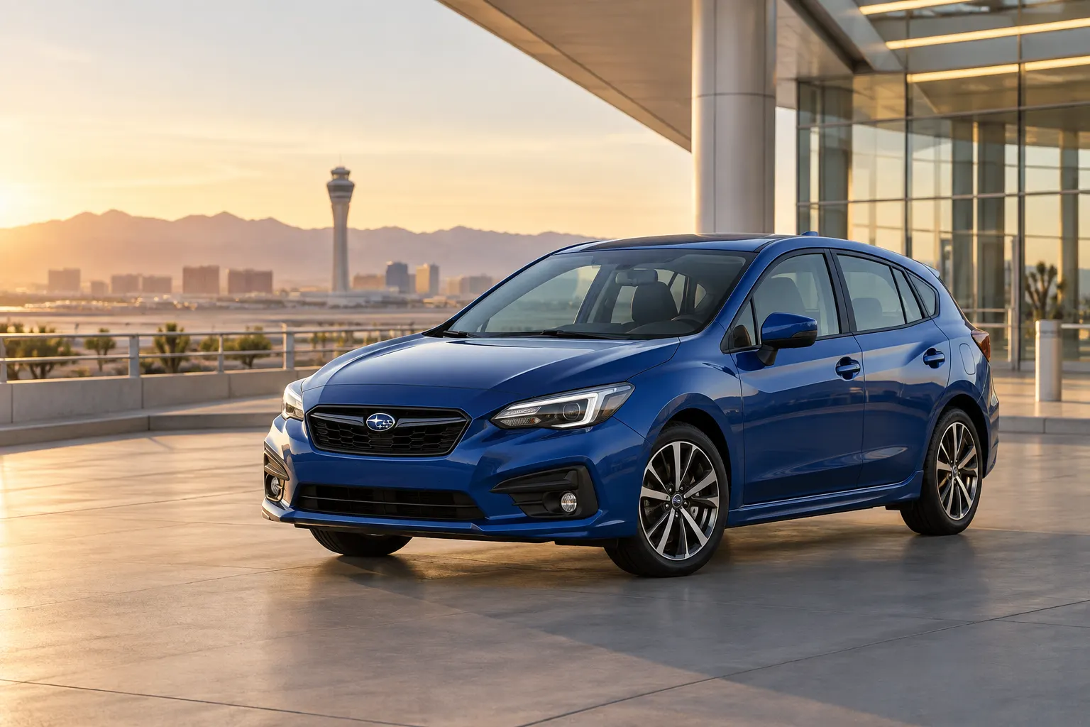 Blue 2026–2027 Subaru Impreza Compact Hatchback at an airport terminal at golden hour