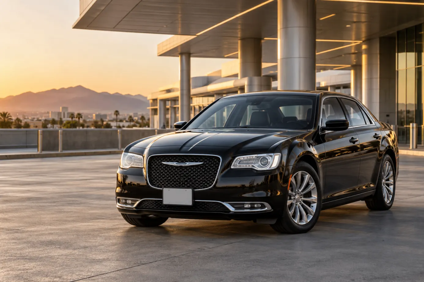Black 2026–2027 Chrysler 300 Full-size Sedan at an airport terminal at golden hour with mountains behind