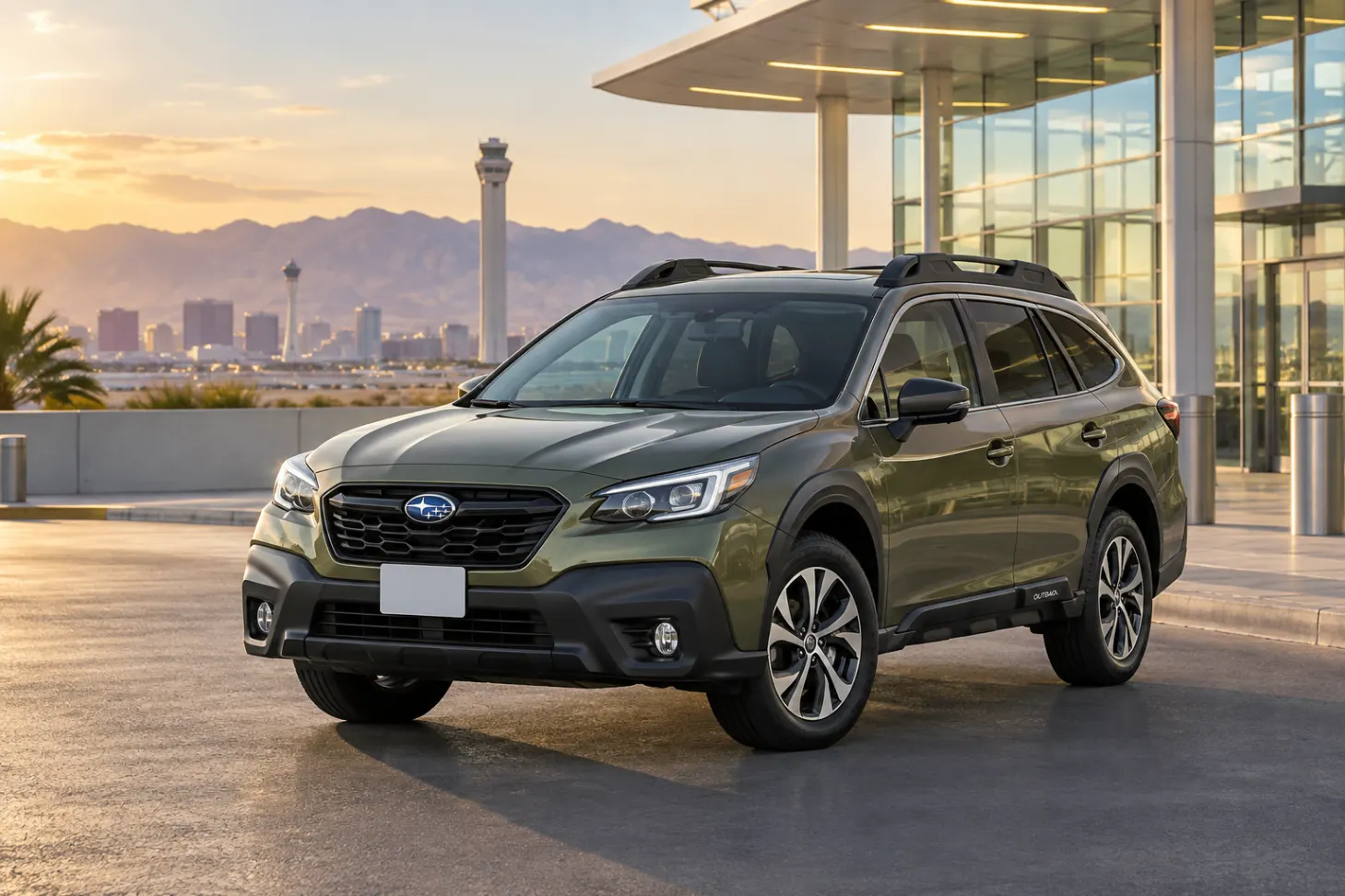 Green 2026–2027 Subaru Outback Midsize SUV at an airport terminal at golden hour