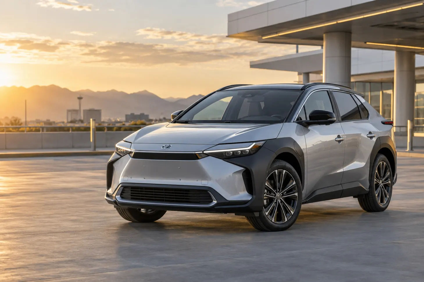 Silver 2026–2027 Toyota bZ4X Electric SUV at an airport terminal at golden hour with mountains behind