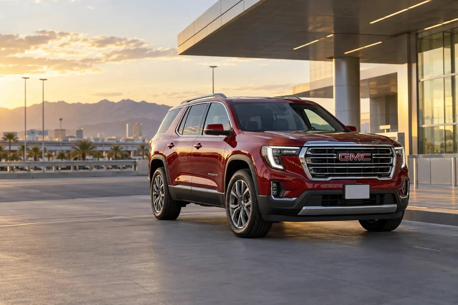 Red 2026–2027 GMC Acadia Premium Crossover SUV outside an airport terminal at golden hour with mountains and the city skyline behind