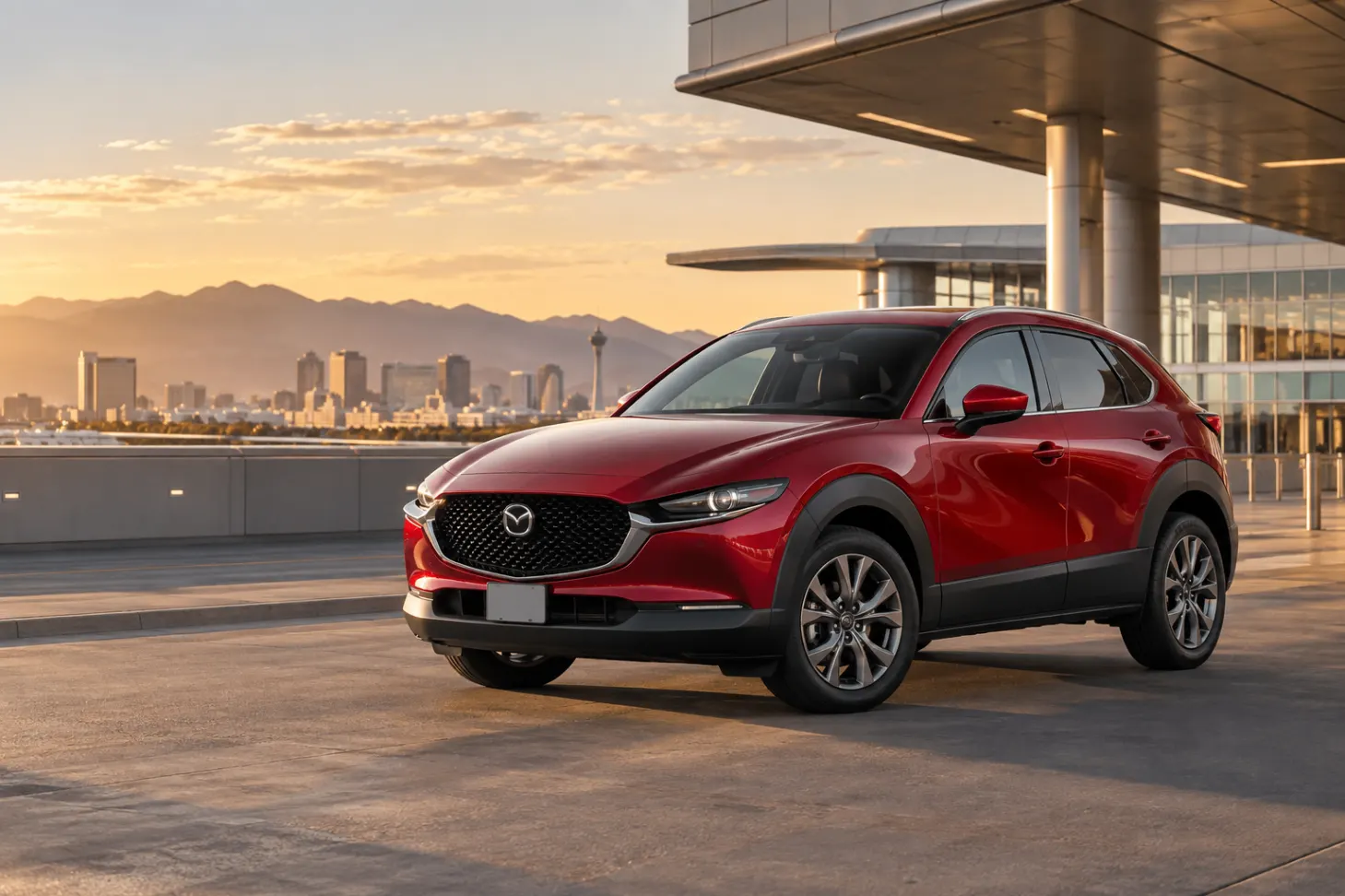 Red 2026–2027 Mazda CX-30 Subcompact SUV at an airport terminal at golden hour