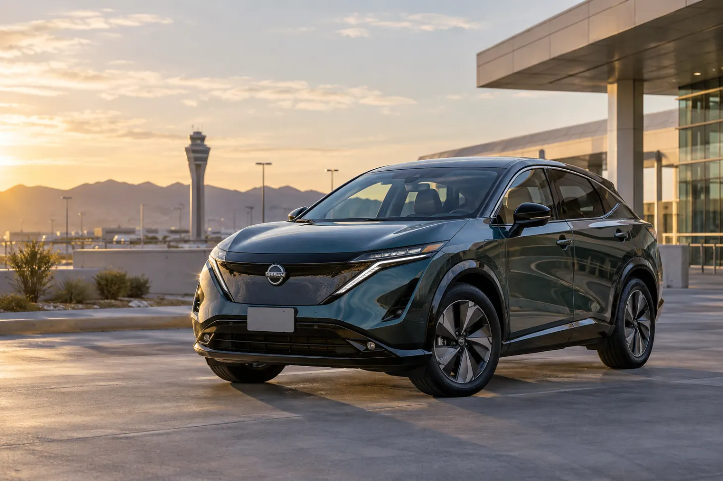 Dark 2026–2027 Nissan Ariya Electric SUV at an airport terminal