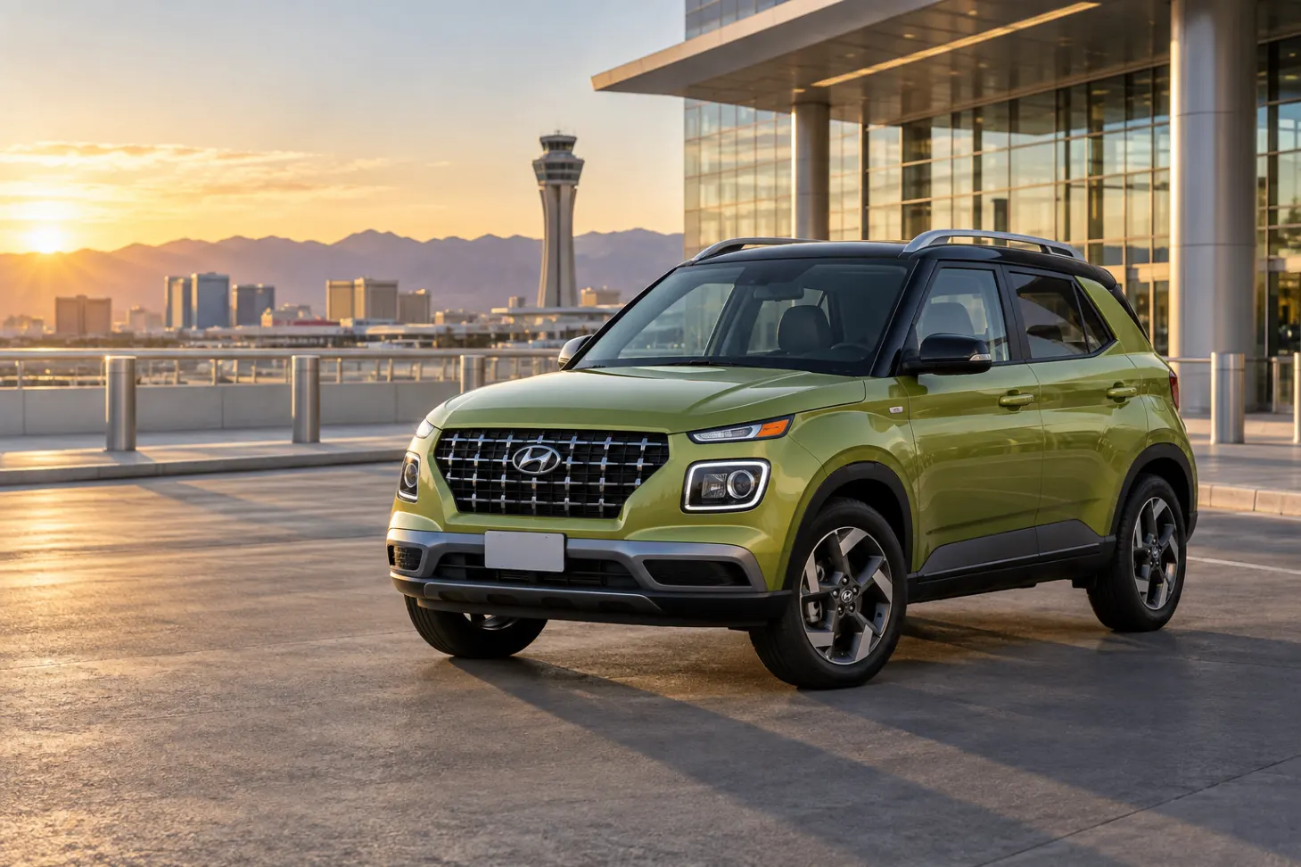 Green 2026–2027 Hyundai Venue Subcompact SUV at an airport terminal at golden hour