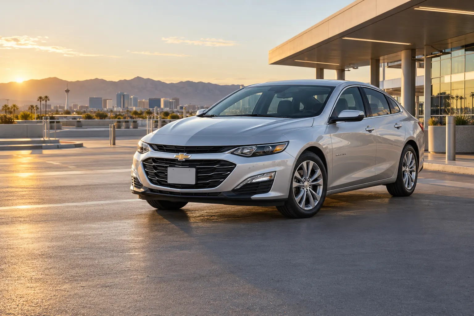 Silver 2026–2027 Chevrolet Malibu Full Size Car at an airport rental center at golden hour