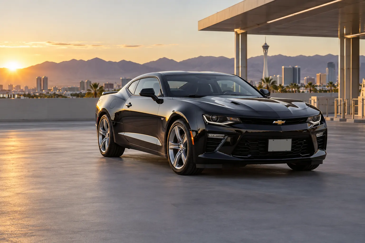 Black Chevrolet Camaro Sports Car at an airport rental center