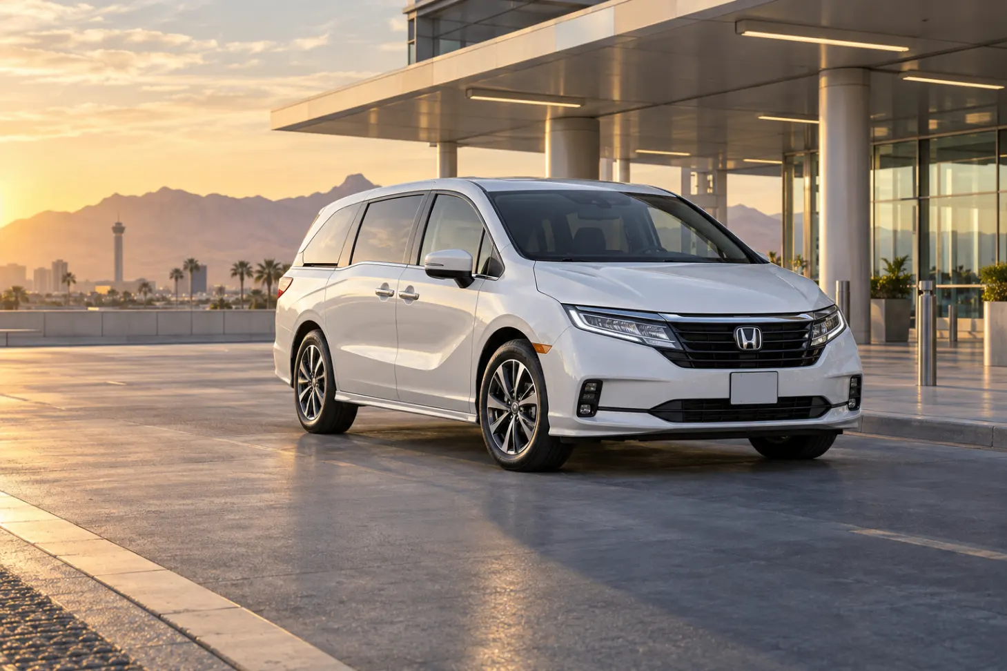 White 2026–2027 Honda Odyssey Minivan at an airport terminal at golden hour