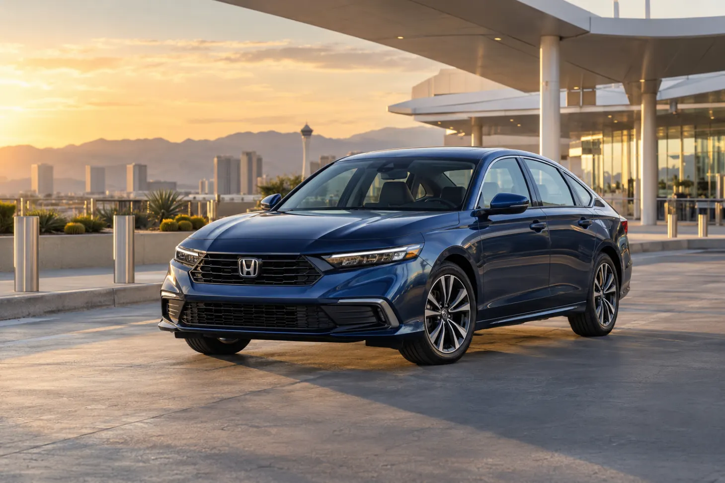 Blue 2026–2027 Honda Accord Midsize Sedan at an airport terminal at golden hour