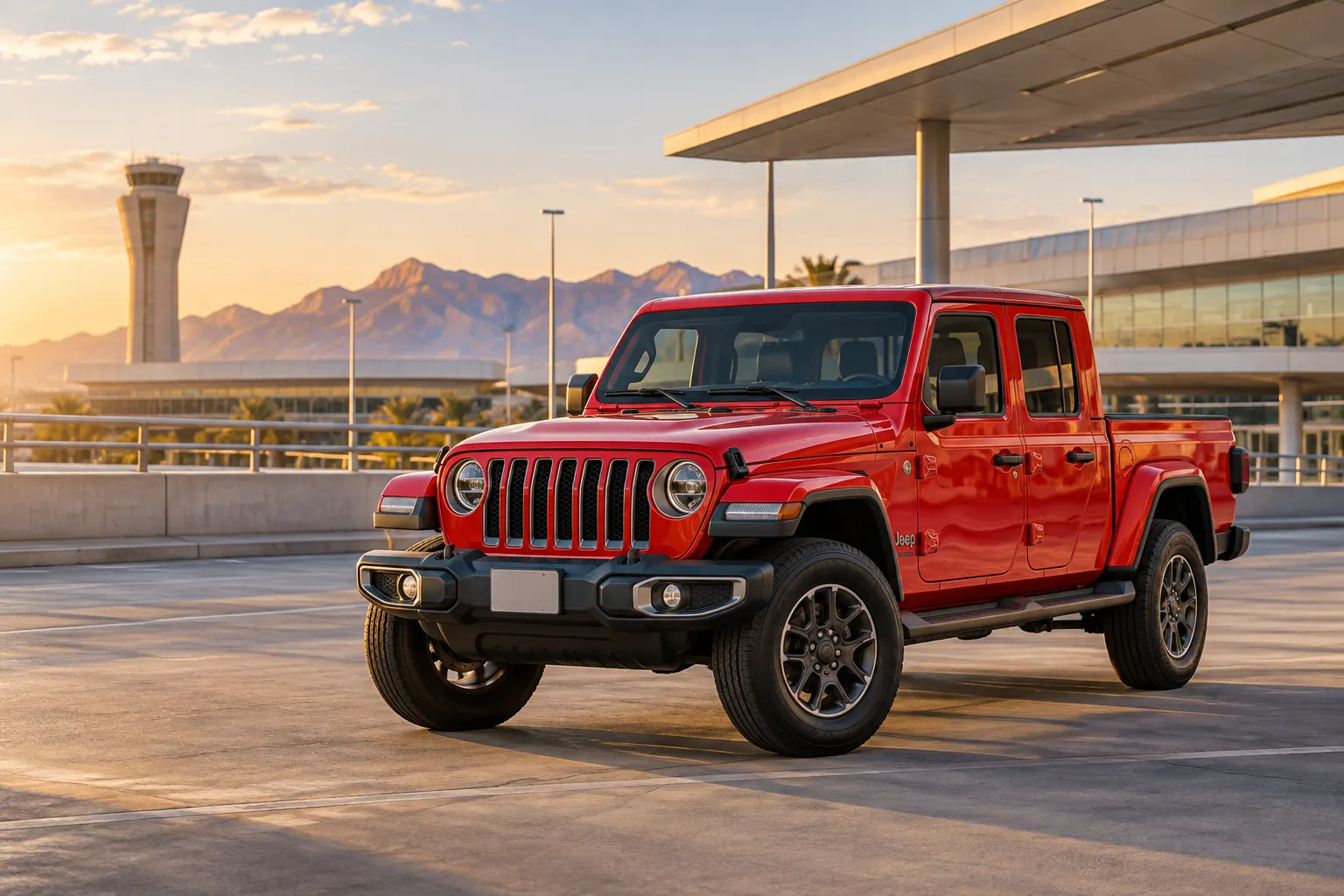 Red 2026–2027 Jeep Gladiator Small Pick Up Truck outside an airport rental pickup area at sunset with the control tower behind