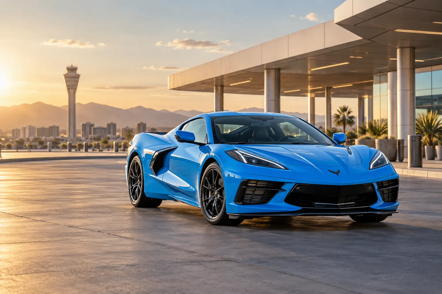 Blue 2026–2027 Chevrolet Corvette Luxury Sports Car at an airport rental center
