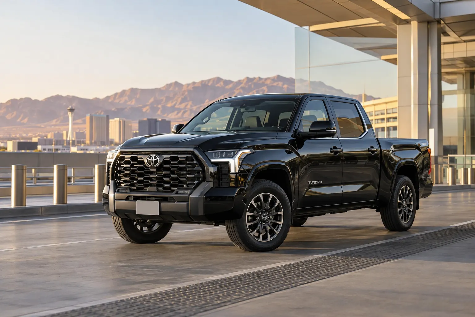 Black 2026–2027 Toyota Tundra Full-size Pickup at an airport parking deck at golden hour with the Las Vegas skyline and mountains behind