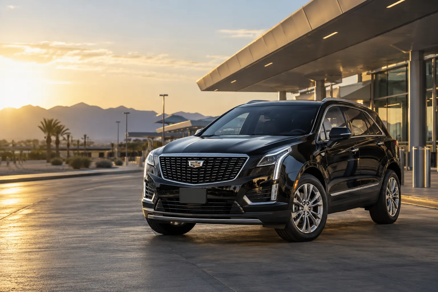 Black 2026–2027 Cadillac XT5 Luxury Crossover SUV at an airport terminal at golden hour with mountains and palm trees behind