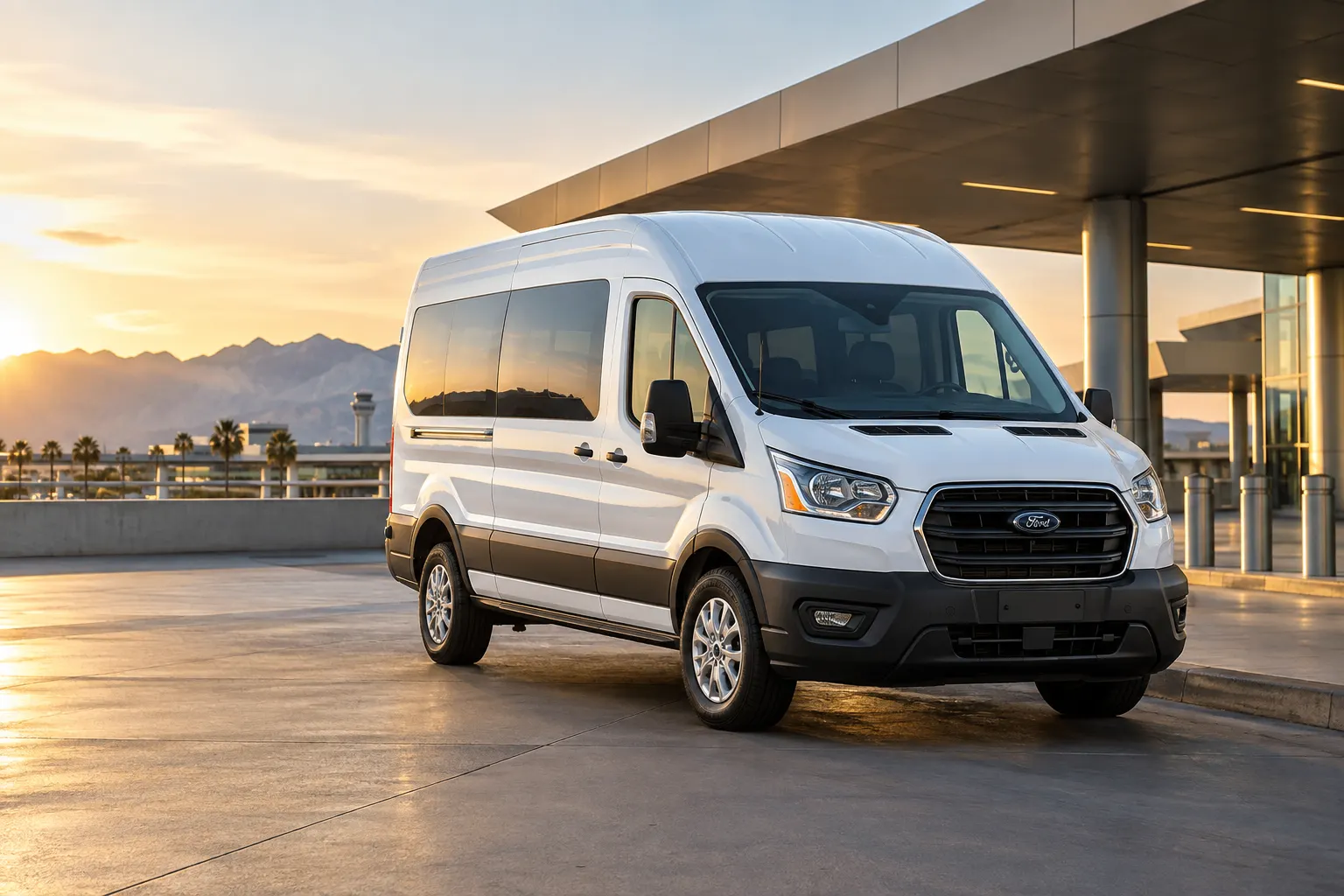 White 2026–2027 Ford Transit 15 Passenger high roof van outside an airport terminal at golden hour