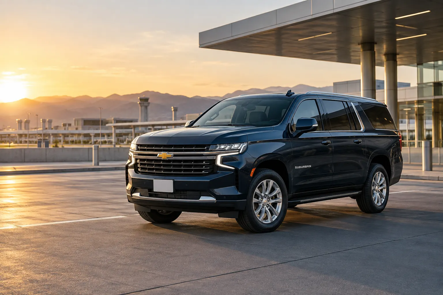 Dark blue 2026–2027 Chevrolet Suburban Premium Size SUV at an airport rental center at golden hour