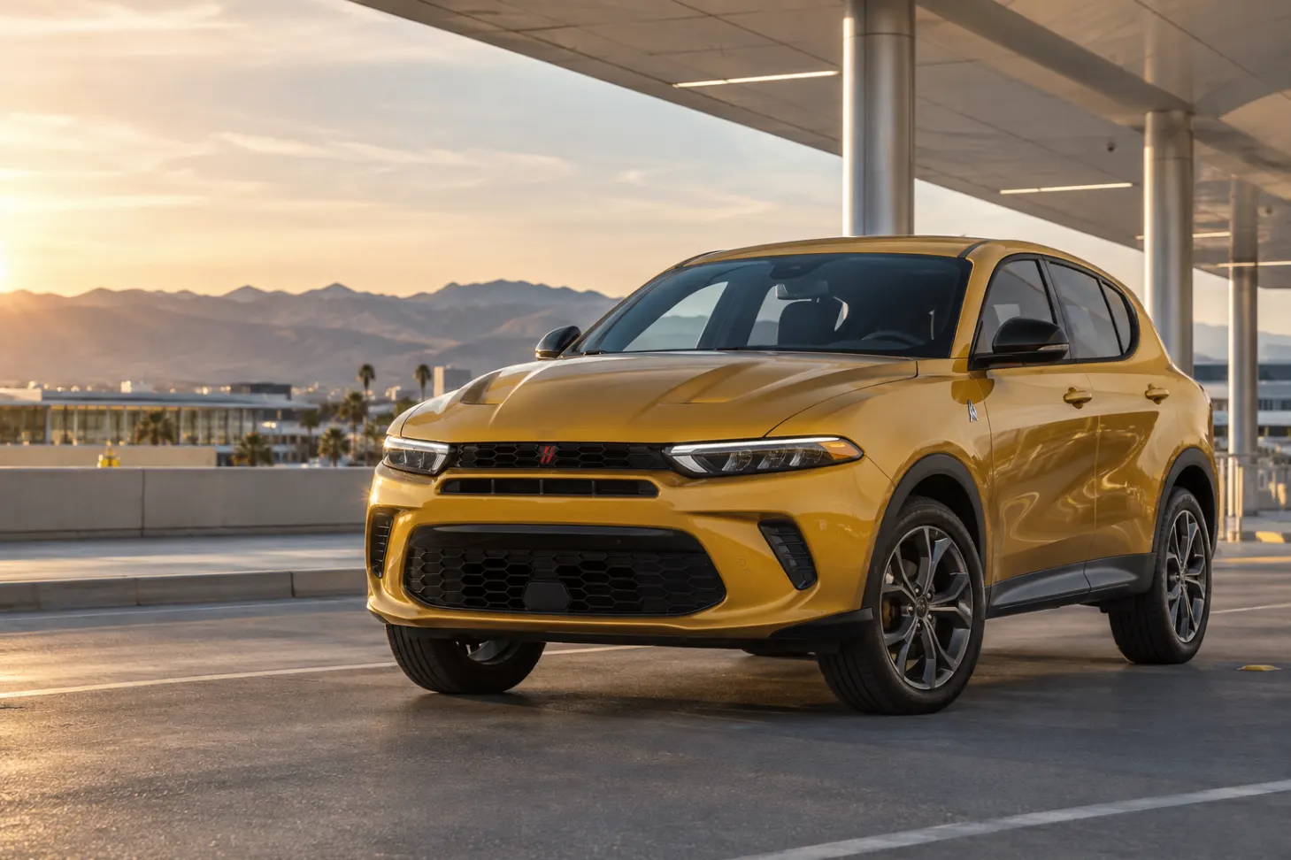 Gold 2026–2027 Dodge Hornet Compact SUV at an airport pickup area at golden hour with mountains behind