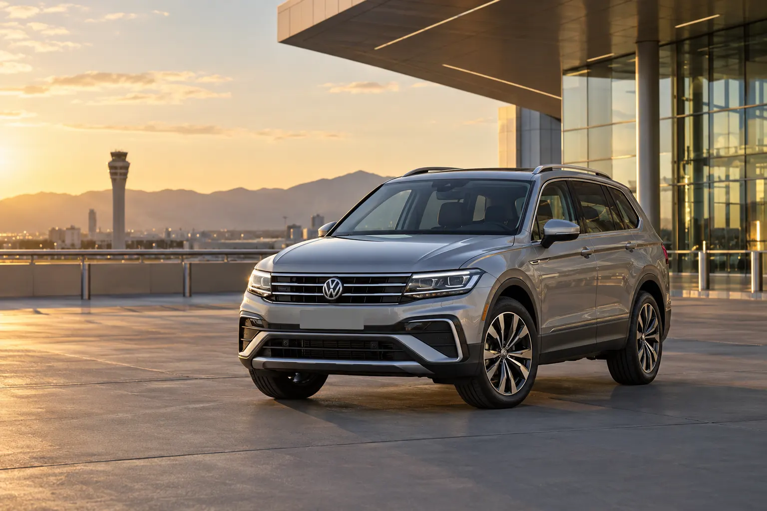 Silver 2026–2027 Volkswagen Tiguan Compact SUV at an airport terminal at golden hour