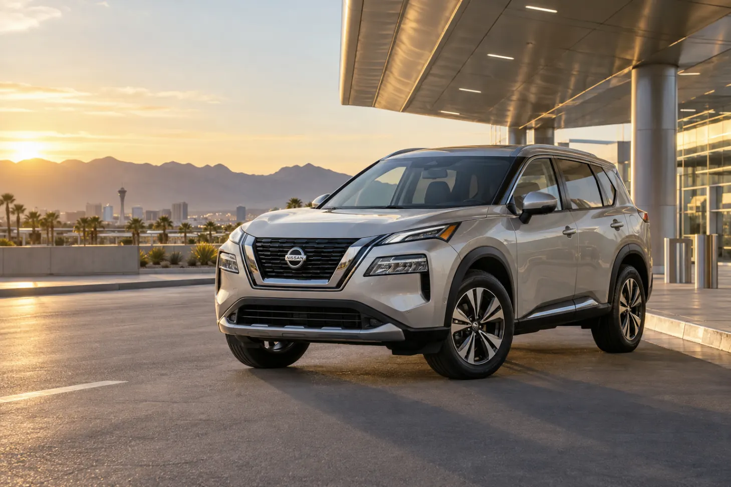 Silver 2026–2027 Nissan Rogue Compact SUV at an airport terminal