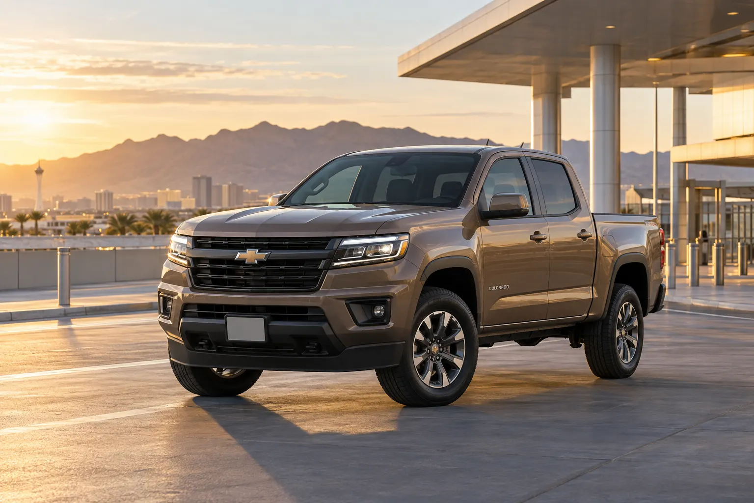 Brown 2026–2027 Chevrolet Colorado Large Pick Up Truck at an airport rental center