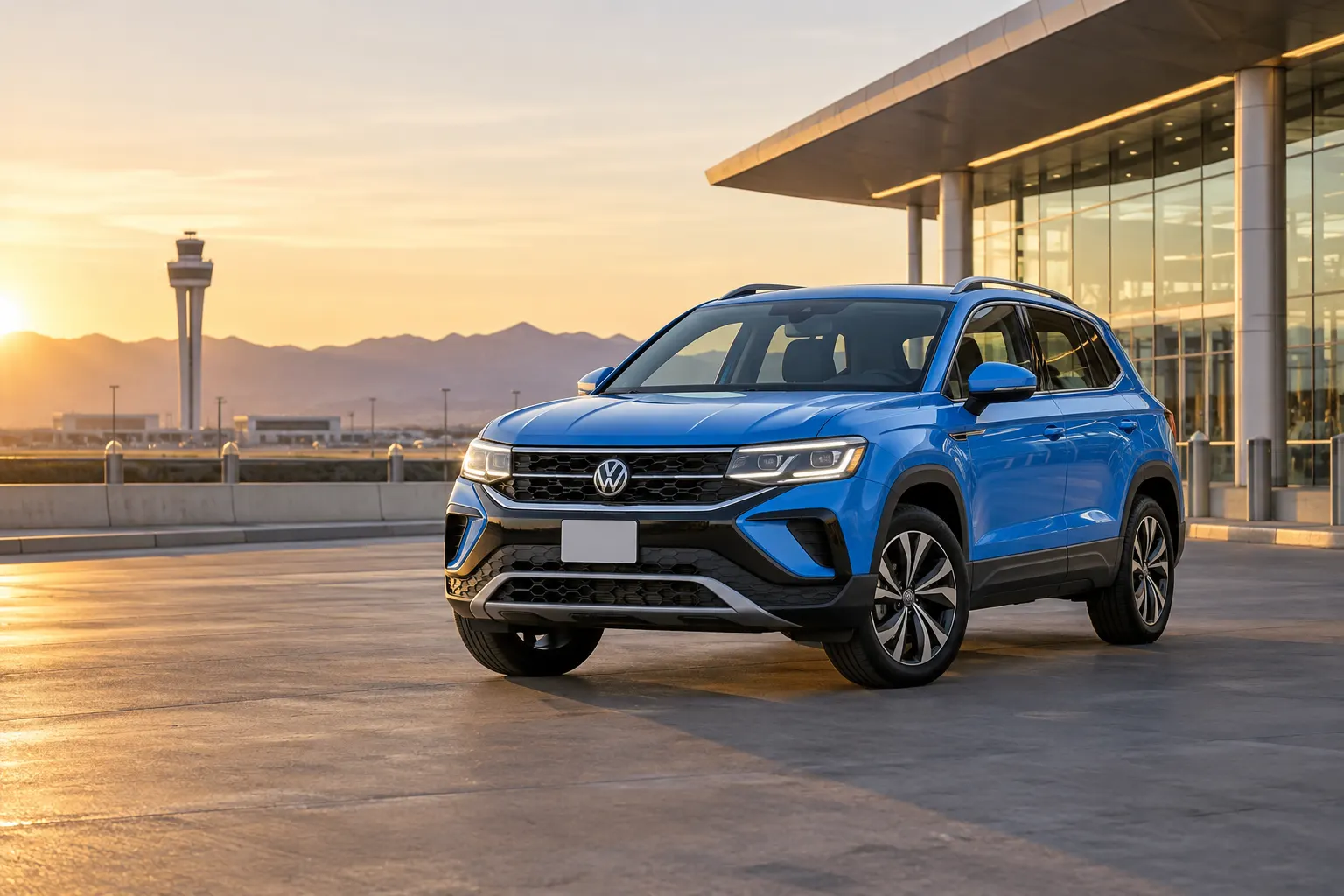 Blue 2026–2027 Volkswagen Taos Compact SUV at an airport terminal at golden hour