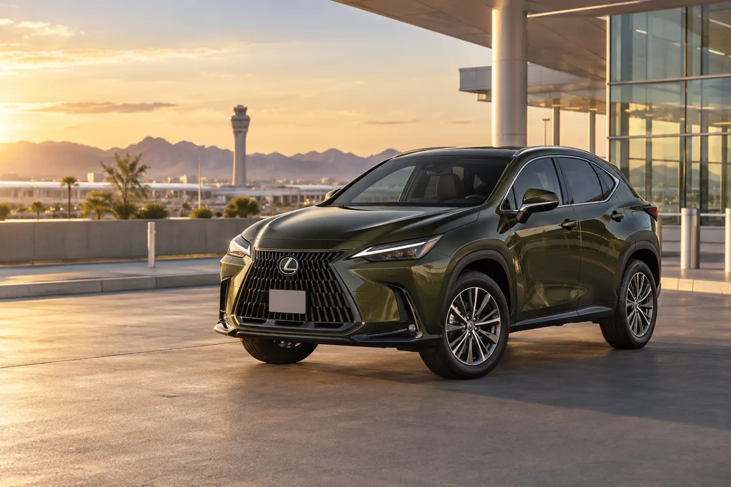 Dark-green 2026–2027 Lexus NX Luxury SUV at an airport terminal at golden hour