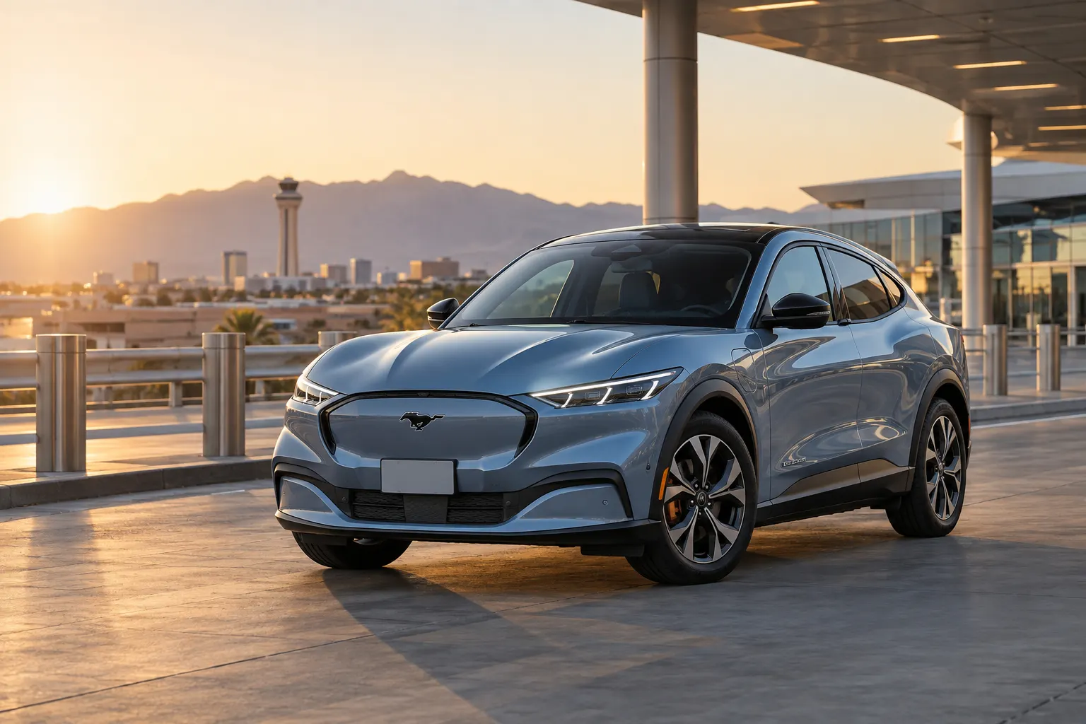Blue-gray 2026–2027 Ford Mustang Mach-E electric sport SUV outside an airport terminal at golden hour