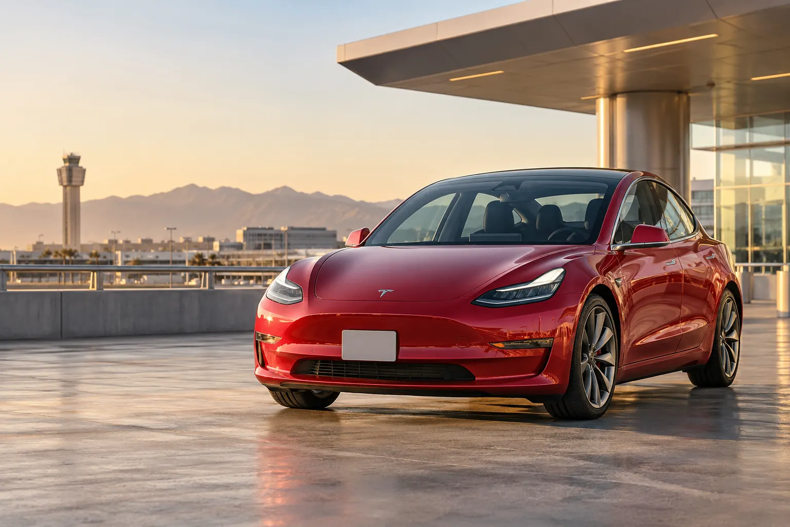 Red 2026–2027 Tesla Model 3 Electric Sedan at an airport terminal at golden hour with the control tower and mountains behind