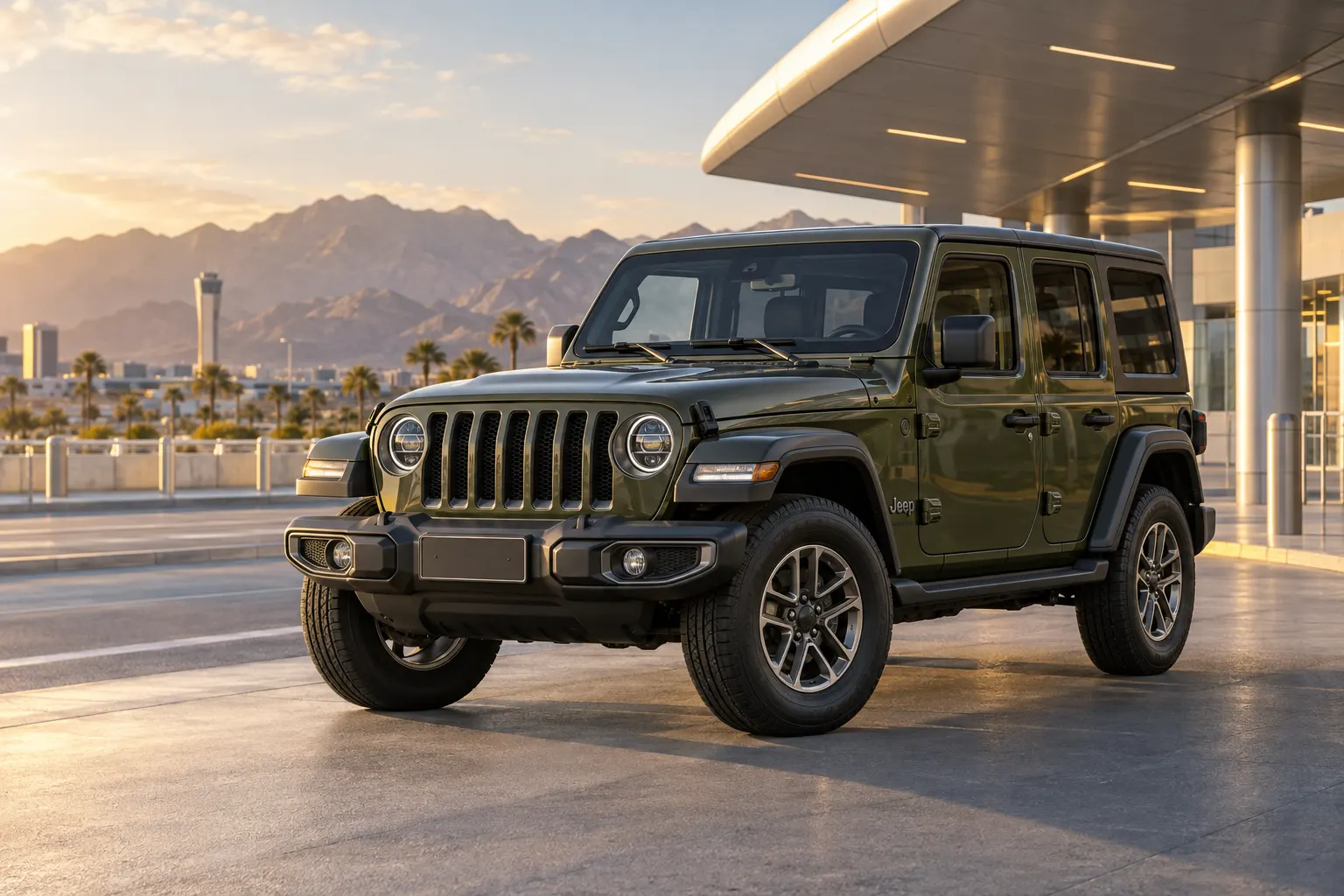 Olive-green 2026–2027 Jeep Wrangler off-road SUV outside an airport terminal at golden hour with mountains and the control tower behind