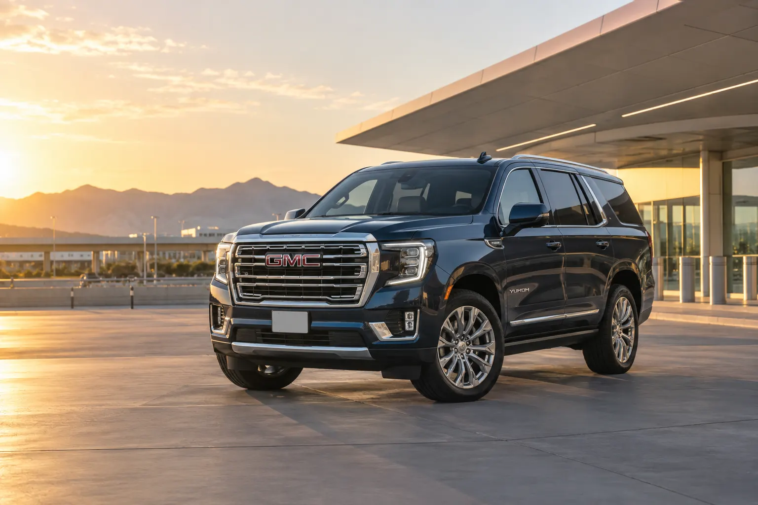Dark blue 2026–2027 GMC Yukon Premium Size SUV at an airport rental center at golden hour with mountains and the terminal canopy behind