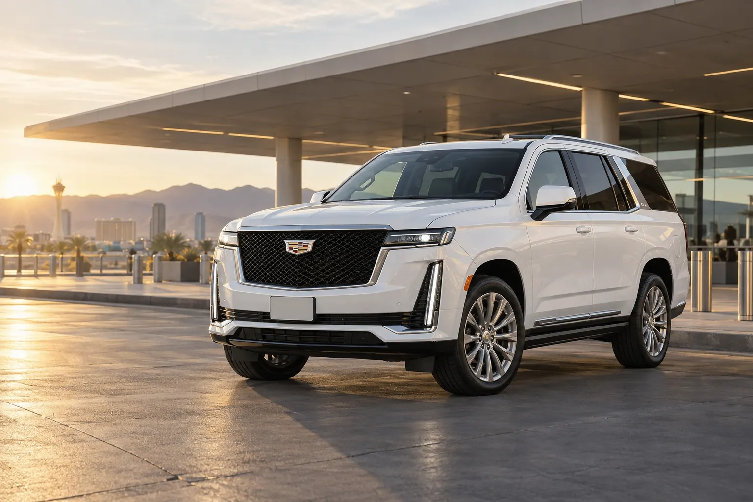 White 2026–2027 Cadillac Escalade Premium Luxury SUV at an airport terminal at golden hour with the Las Vegas skyline and mountains behind