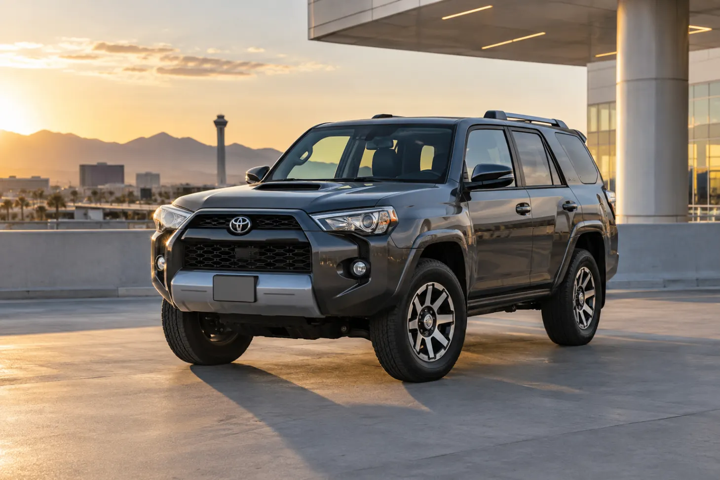 Dark gray 2026–2027 Toyota 4Runner Midsize SUV at an airport terminal at golden hour with the control tower and mountains behind