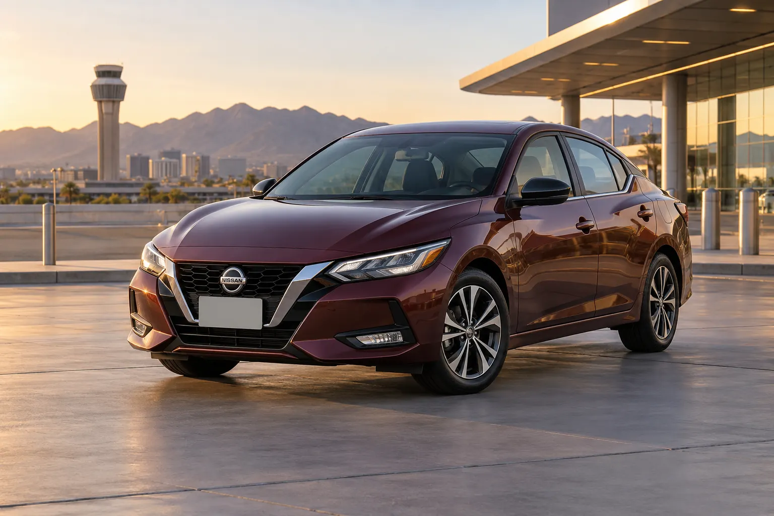 Burgundy 2026–2027 Nissan Sentra Compact Sedan at an airport terminal