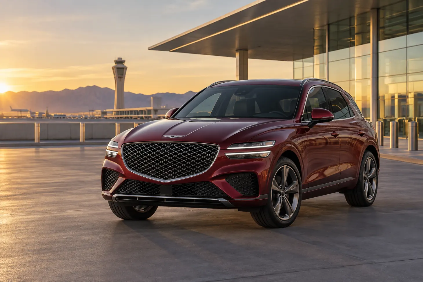 Maroon 2026–2027 Genesis GV70 Luxury SUV at an airport terminal at golden hour