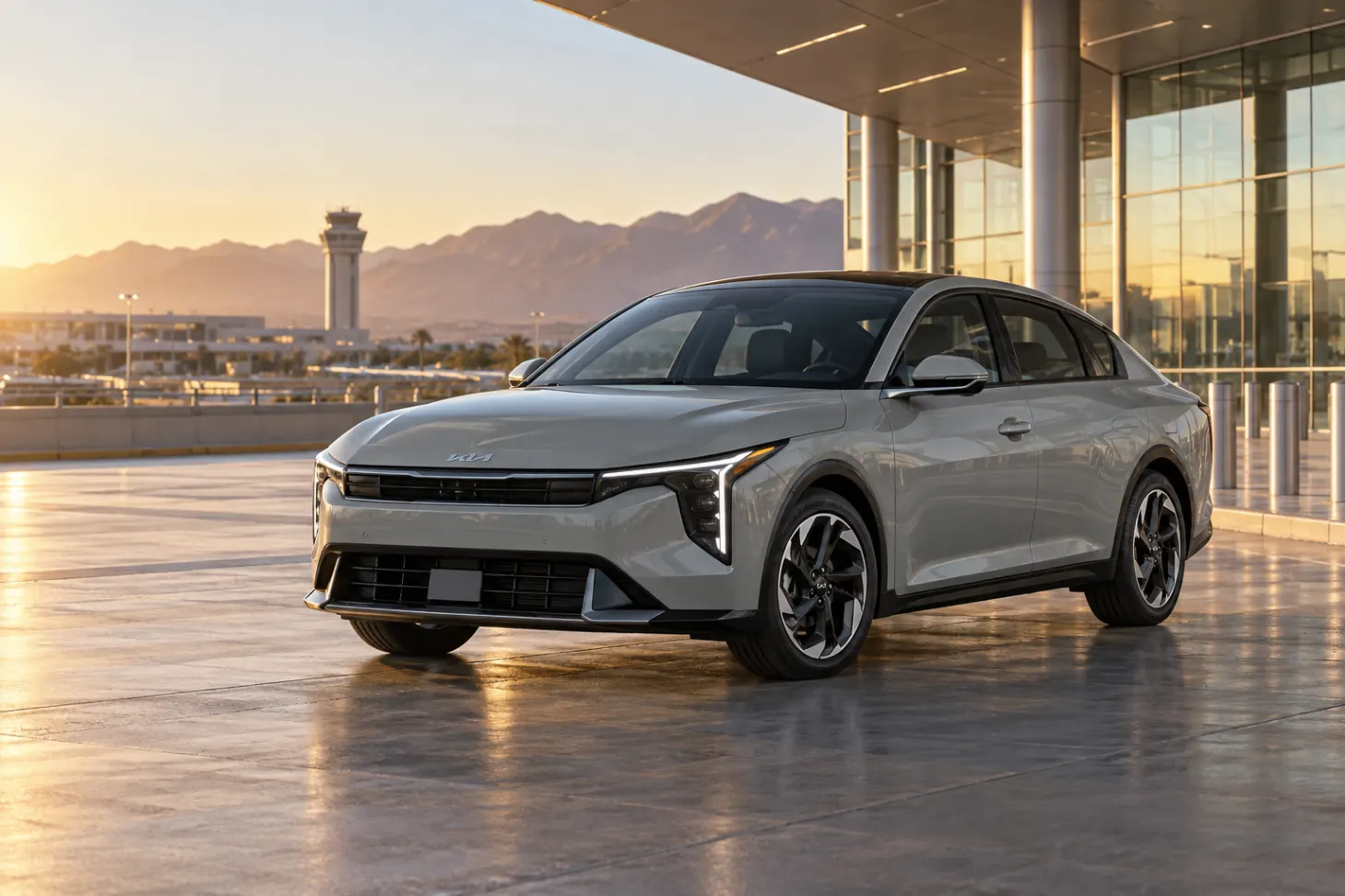 Gray 2026–2027 Kia K4 Compact Sedan at an airport terminal at golden hour