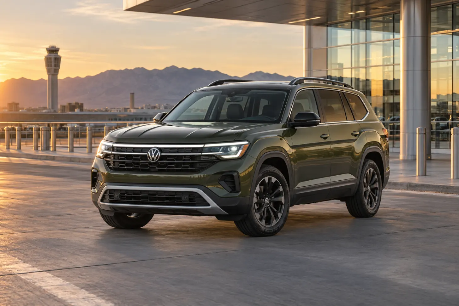 Olive 2026–2027 Volkswagen Atlas Standard SUV at an airport terminal at golden hour