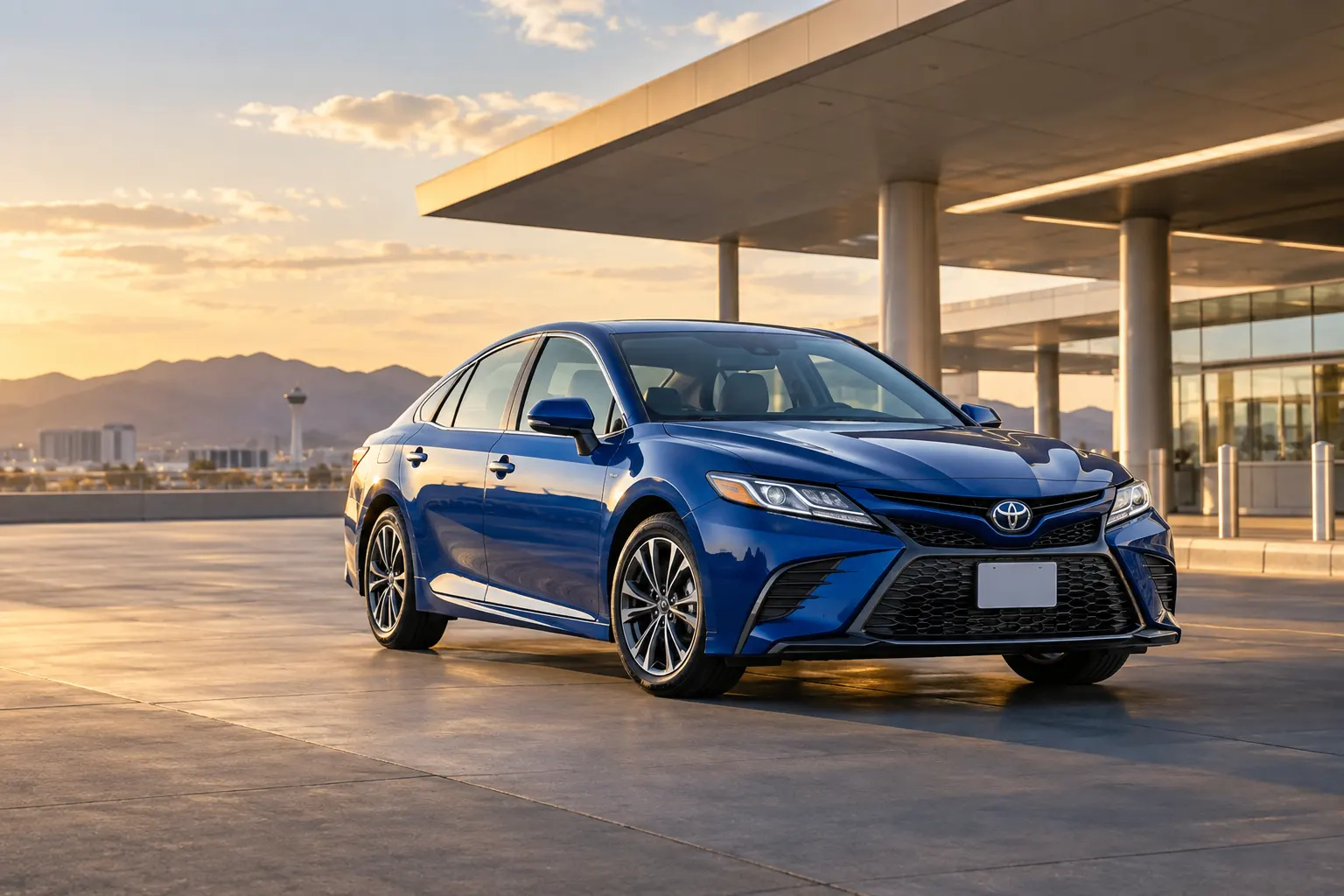 Blue 2026–2027 Toyota Camry Midsize Sedan at an airport terminal at golden hour with mountains behind