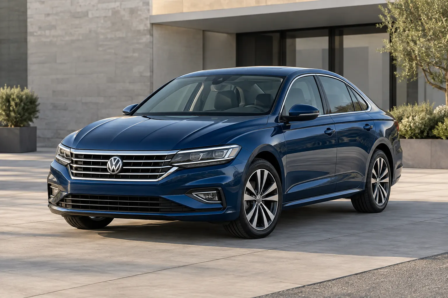 Dark-blue 2026–2027 Volkswagen Passat Midsize Sedan, front three-quarter view
