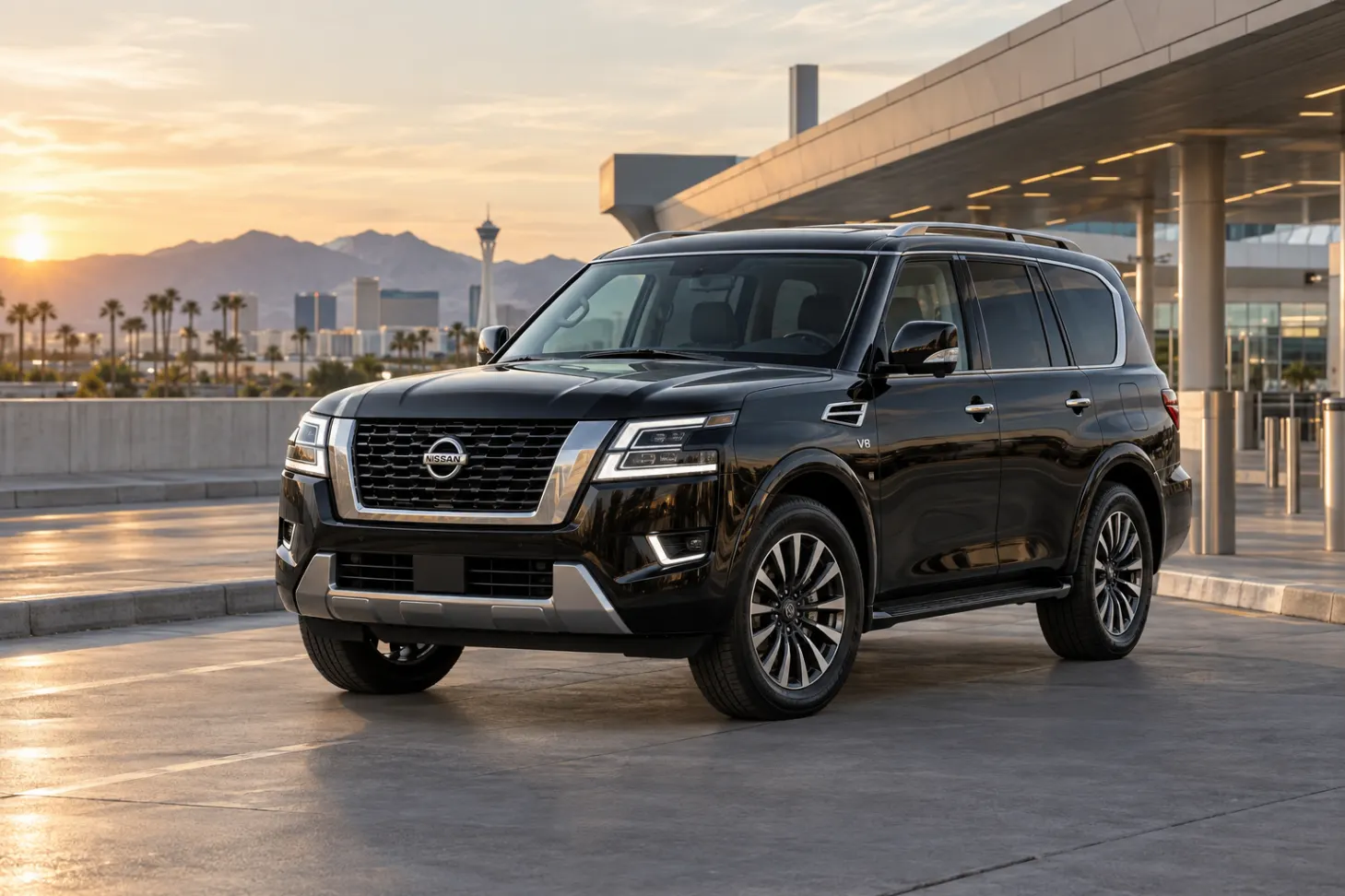 Black 2026–2027 Nissan Armada Full-size SUV at an airport terminal