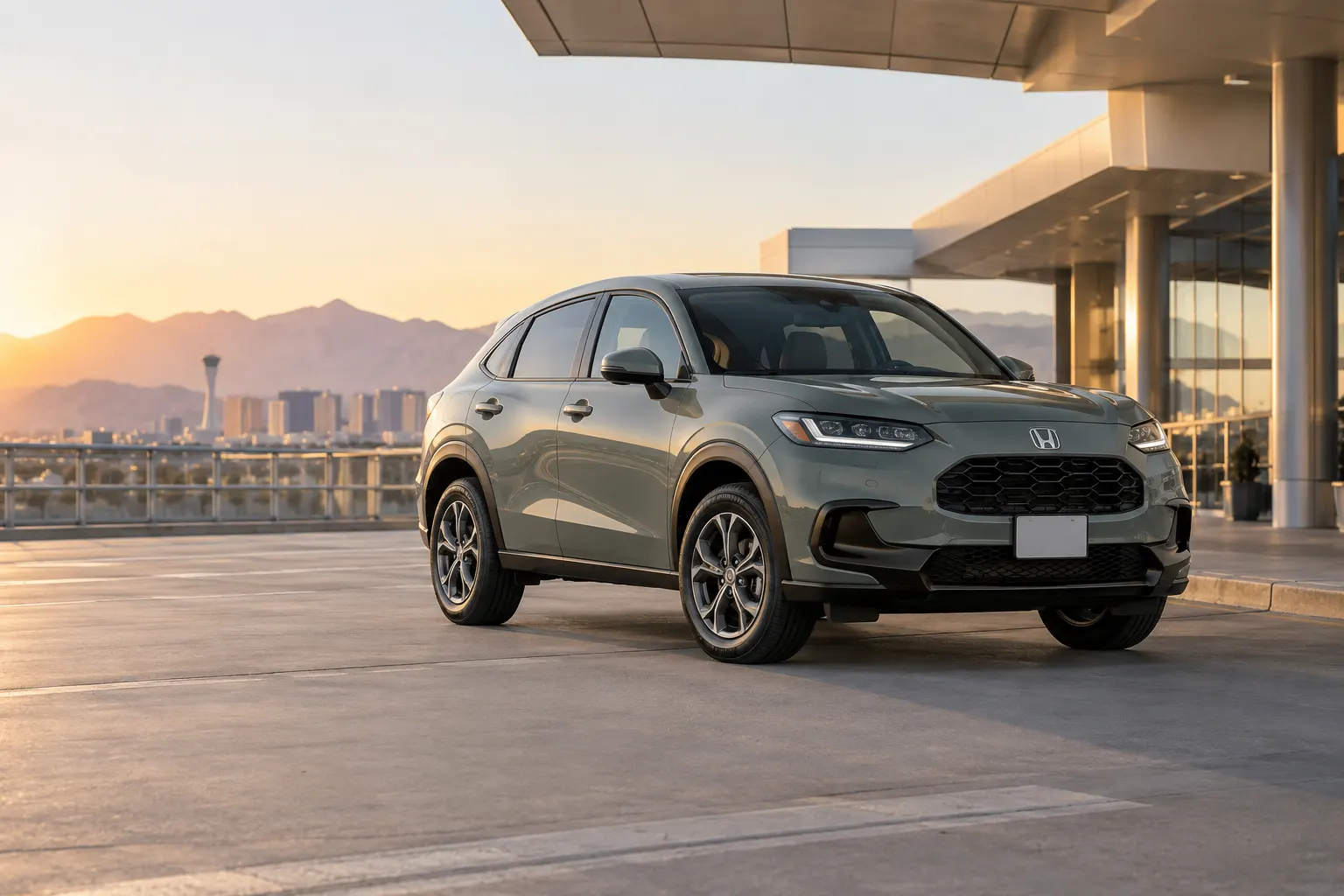 Gray 2026–2027 Honda HR-V Compact SUV at an airport terminal at golden hour